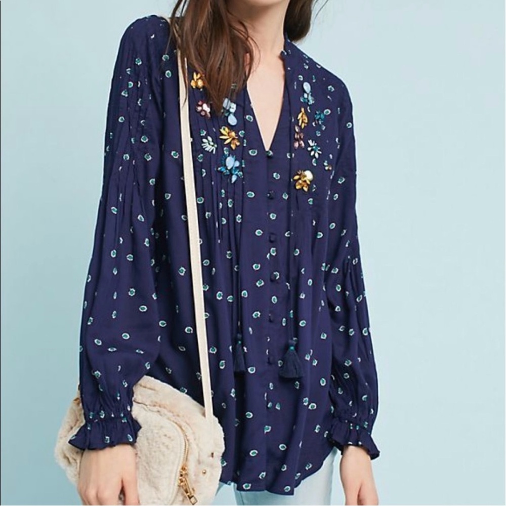 Navy Anthropologie Ashton Boho Peasant Top, by Vanessa Virginia - 2 - Picture 2 of 10